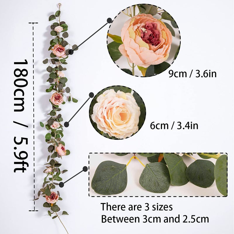 MISSPIN 2pcs Artificial Flowers Garland Spring Eucalyptus Garland Vintage Fake Flower Peony Rose Vine Greenery Decorative Wall Hanging Plant for Wedding Arch Door Arrangement Party Decor - Image 2