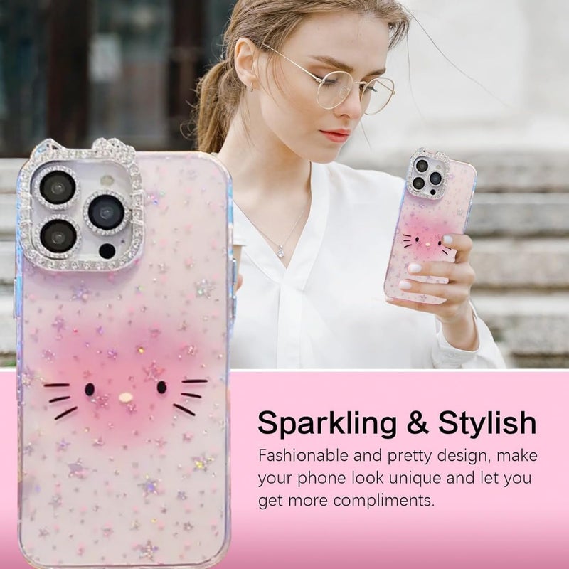 Mobistyle Designed for iPhone 15,Cute Sparkling Cat Pattern Camera Protection Back Cover Case for Women Girls | iPhone 15,Pink | - Image 5