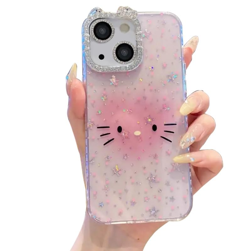 Mobistyle Designed for iPhone 15,Cute Sparkling Cat Pattern Camera Protection Back Cover Case for Women Girls | iPhone 15,Pink | - Image 1