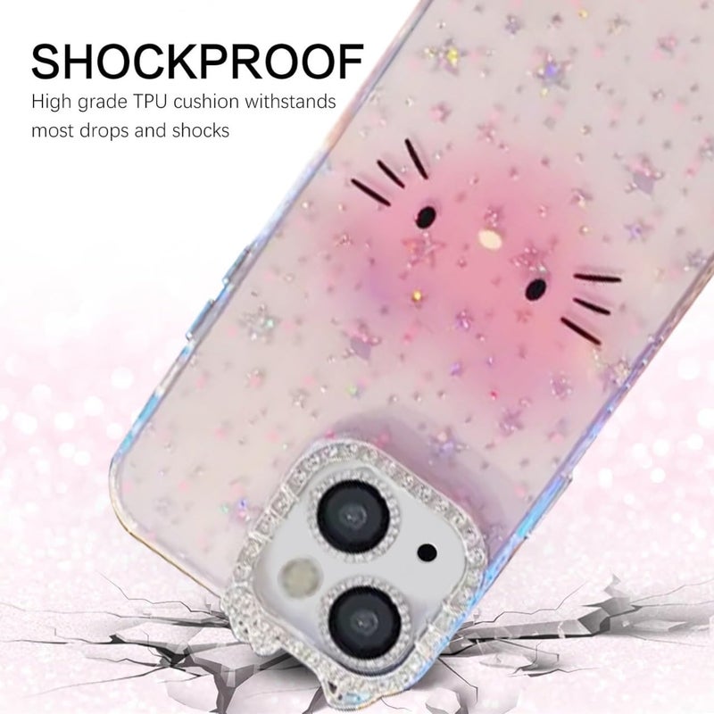 Mobistyle Designed for iPhone 15,Cute Sparkling Cat Pattern Camera Protection Back Cover Case for Women Girls | iPhone 15,Pink | - Image 3