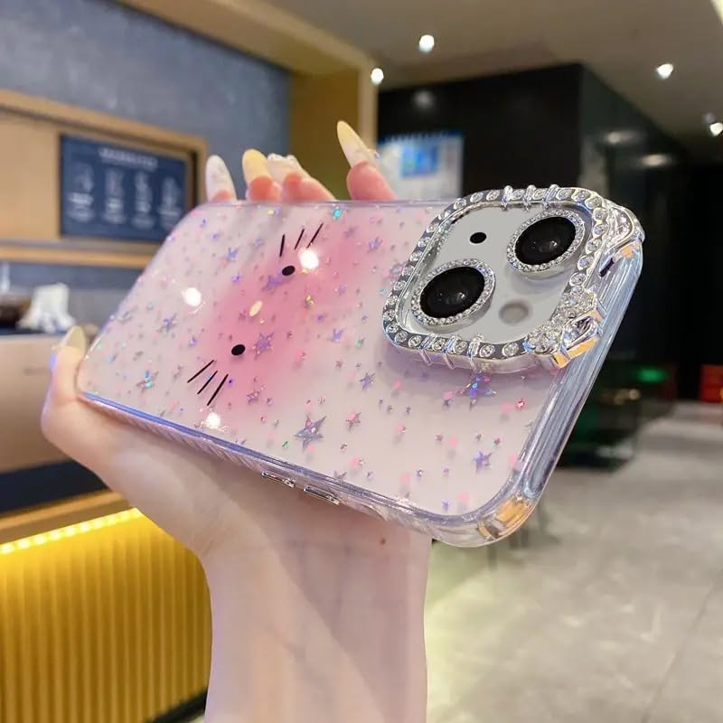 Mobistyle Designed for iPhone 15,Cute Sparkling Cat Pattern Camera Protection Back Cover Case for Women Girls | iPhone 15,Pink | - Image 2