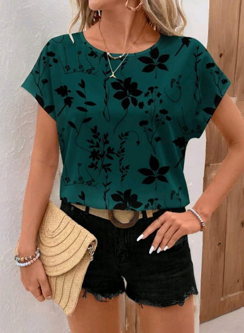 EMERY ROSE Casual Floral Pattern Ladies Round Neck Short Sleeve Shirt, Suitable For Autumn/Summer  - Image 2