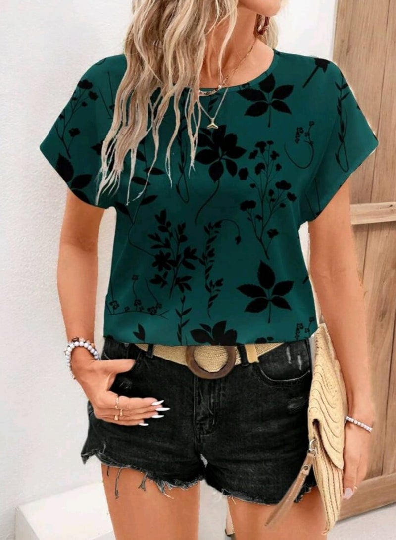 EMERY ROSE Casual Floral Pattern Ladies Round Neck Short Sleeve Shirt, Suitable For Autumn/Summer  - Image 3