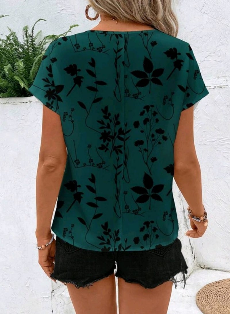 EMERY ROSE Casual Floral Pattern Ladies Round Neck Short Sleeve Shirt, Suitable For Autumn/Summer  - Image 4