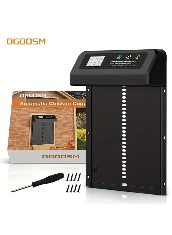 باب قن الدجاج الأسود الآلي قابل للبرمجة بشاشة LCD مقاوم للماء ومضاد للانسداد - Image 1