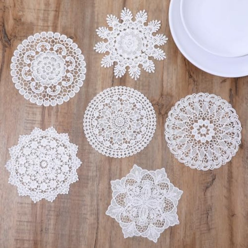 6PCS الأبيض خمر المفارش الكروشيه، 6 بوصة جولة الدانتيل المفارش المفارش الوقايات اليدوية ريفي الجدول المفارش الديكورات للطاولات المطبخ غرفة الطعام حفل زفاف عيد ميلاد مزهرية مزهرية A - Image 1