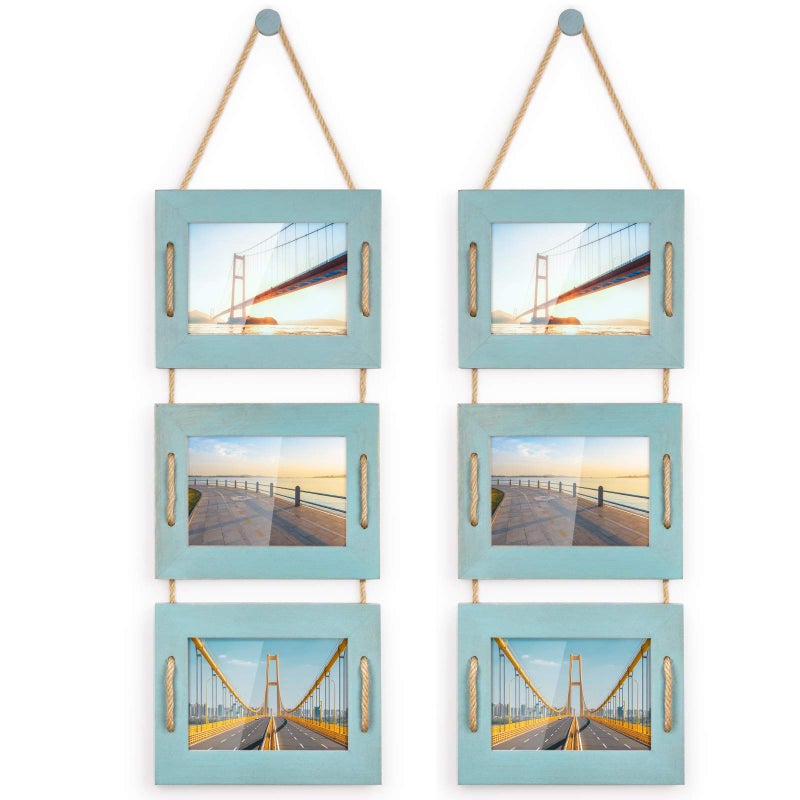 DLQuarts 5x7 Hanging Picture Frames Collage Wall Decor Photo Frames 5x7 Without Mat  35x5 with Mat Rustic Wood 3Frame Ocean Blue 2Pack