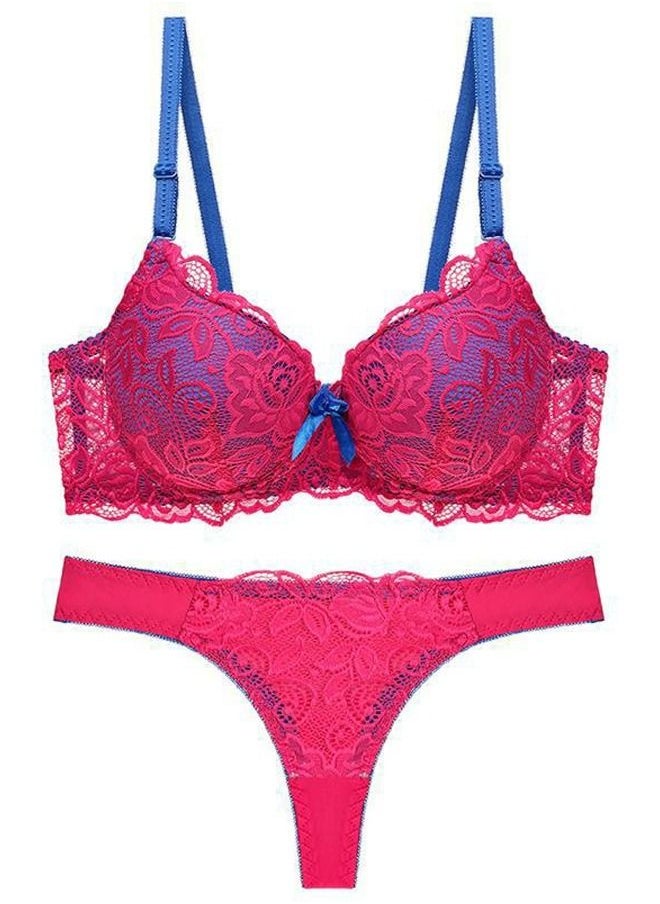 Loquat - Comfy B C Cup Lace Bra Panty Set Women's Underwear Set Red And Blue Color Matching - Image 1
