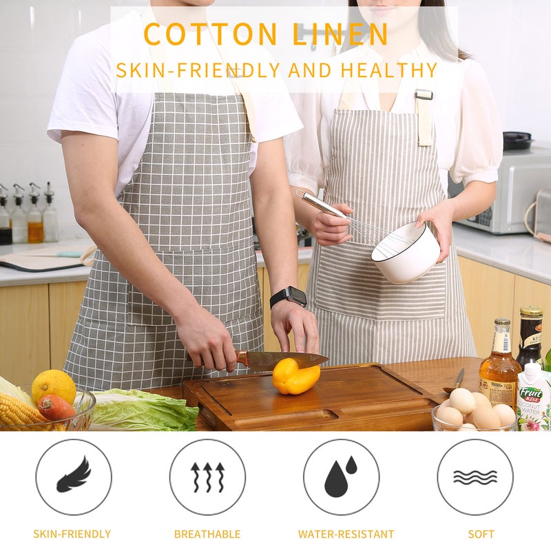 Tosewever 2 Pieces Kitchen Cooking Aprons, Waterproof Linen Adjustable Bib Aprons with 2 Pockets for Women Men Chef (Grey Stripes/Plaids, 2) - Image 2