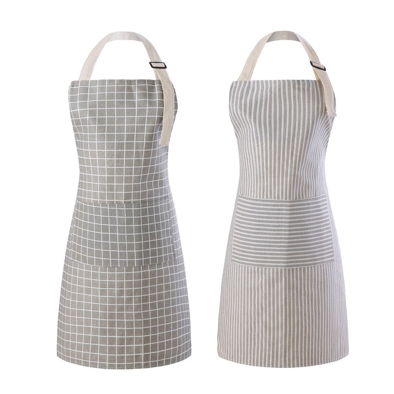 Tosewever 2 Pieces Kitchen Cooking Aprons, Waterproof Linen Adjustable Bib Aprons with 2 Pockets for Women Men Chef (Grey Stripes/Plaids, 2) - Image 1