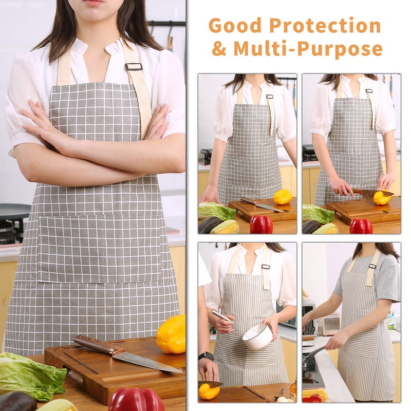 Tosewever 2 Pieces Kitchen Cooking Aprons, Waterproof Linen Adjustable Bib Aprons with 2 Pockets for Women Men Chef (Grey Stripes/Plaids, 2) - Image 5
