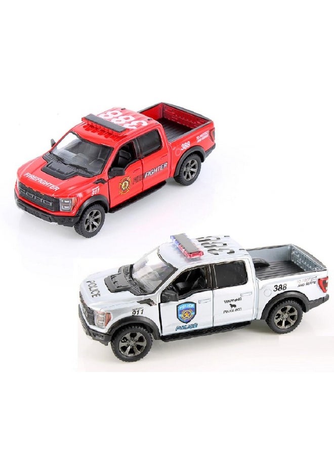 Kinsmart KiNSMART 2022 Ford F-150 Raptor Police & FIre Edition 2Set 5" 1:46 Scale Die Cast Metal Model Toy Trucks 