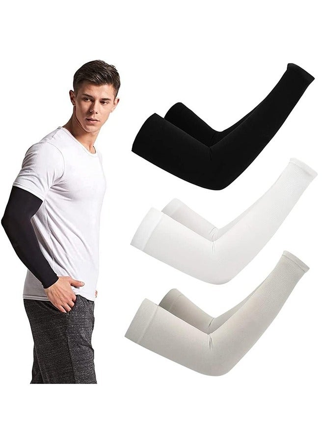 Cotton Cooling Arm Covers UV Protective for Men Women Youth Compression Sleeve Cover with Thumb Hole for Cycling, Driving, Running, Riding, Fishing, Golfing Outdoor Sports Black White Grey 3 Pairs