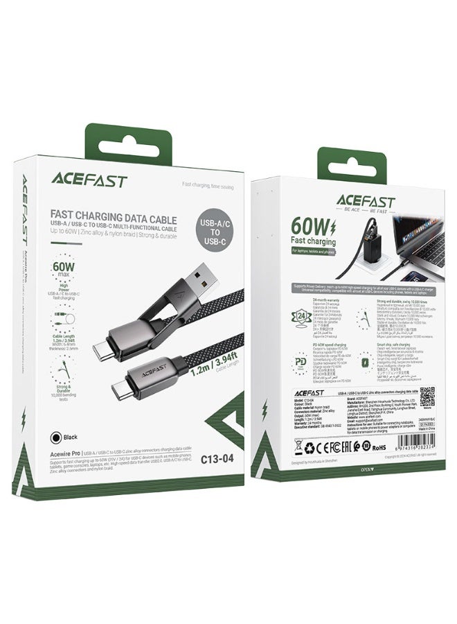 أسيفاست كابل شحن وبيانات C13-04 USB-A / USB-C إلى USB-C 2 في 1، شحن سريع 60 وات، كابل مضفر من سبائك الزنك والنايلون بطول 1.2 متر - أسود - Image 5