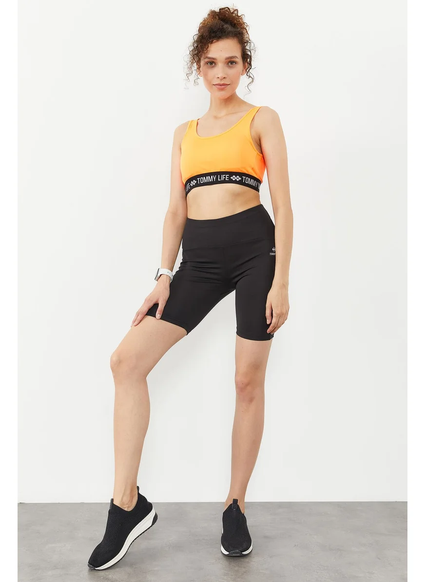 Tommy Life Neon Orange Women's Text Striped Standard Fit U-Neck Sports Bustier - 97113