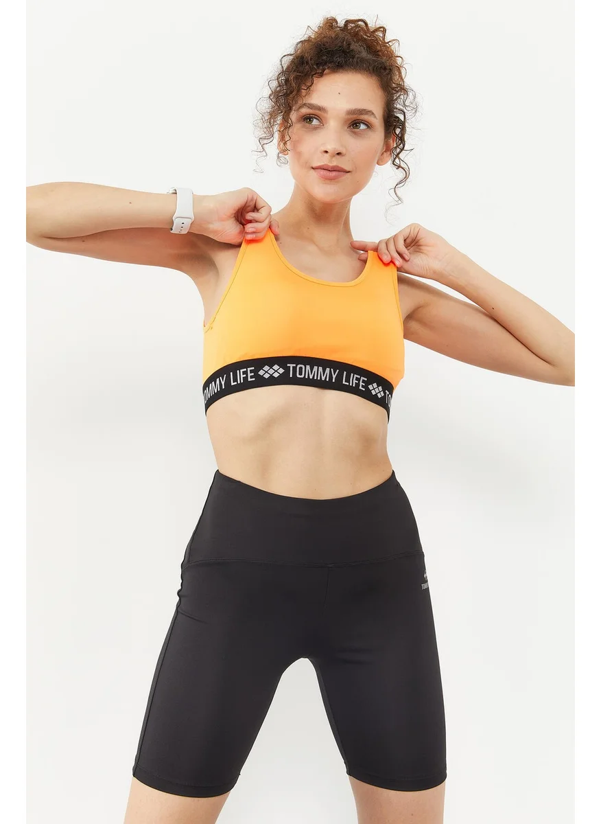 Tommy Life Neon Orange Women's Text Striped Standard Fit U-Neck Sports Bustier - 97113