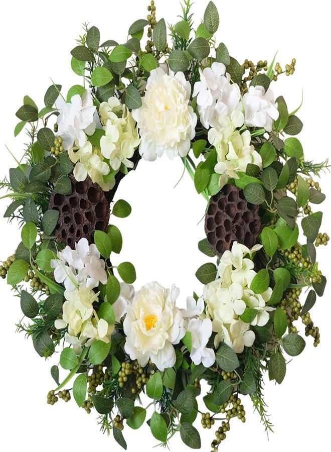 Egolot 24 Inch Spring Hydrangea Flower Wreath for Front Door, Spring Summer Penoy Lotus Pod Wreath Indoor Outdoor, Rustic Farmhouse Everyday Floral Wreaths - Image 1