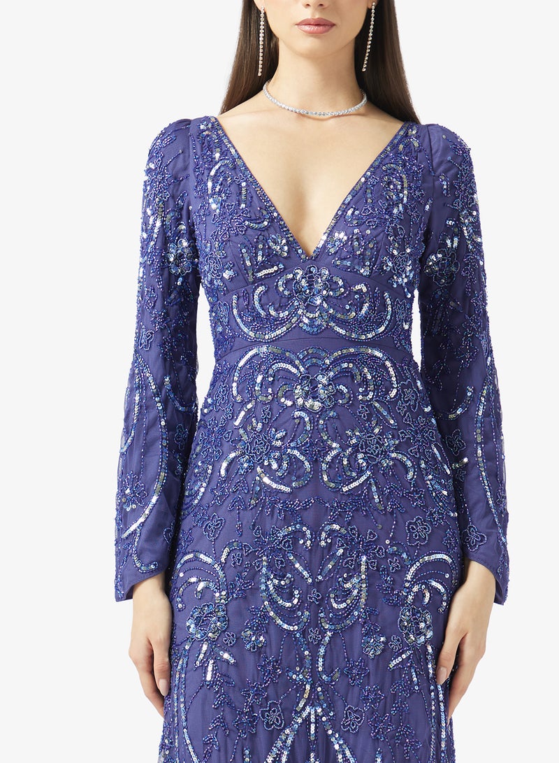 بيوت فستان ماكسي بياقة على شكل حرف  مزين بالترتر - Image 3