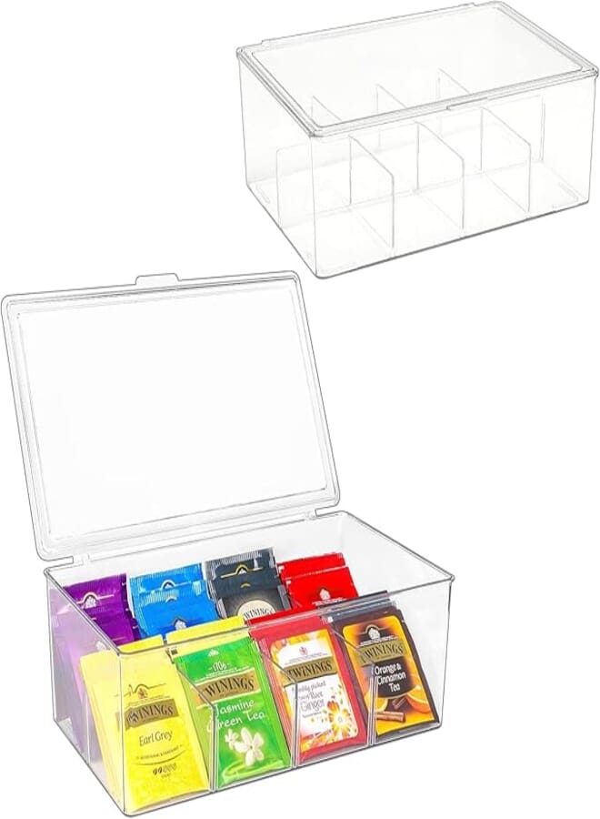2 Pack Tea Bag Organizer Clear Acrylic Tea Storage Box with Lid, Plastic Tea Bag Holder Stackable Tea Organizer for Tea Bags Container Dispenser for Cabinet Pantry Counter Countertop -Clear