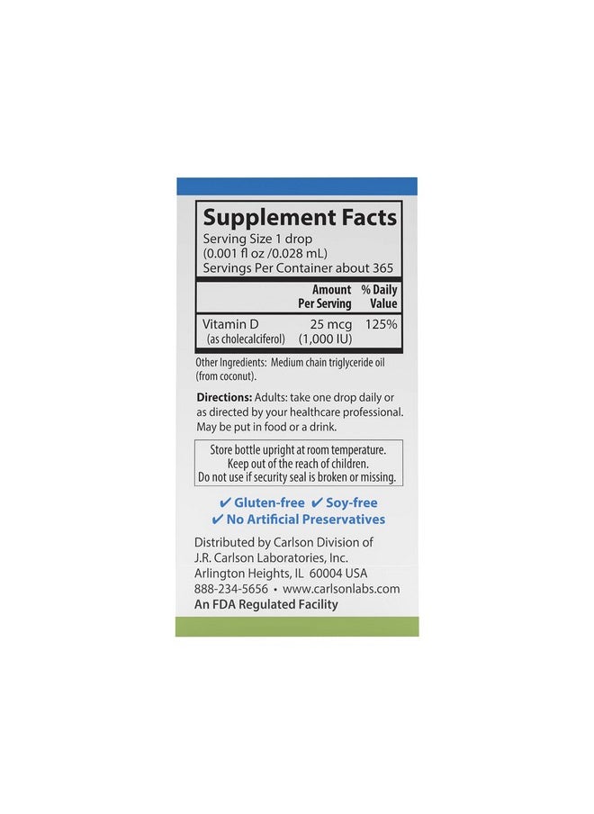 Carlson - Super Daily D3 Vitamin D Drops 1000 Iu (25 Mcg) Per Drop 1Year Supply Vitamin D3 Liquid Heart & Immune Health Vegetarian Liquid Vitamin D3 Drops Unflavored 365 Drops - Image 1
