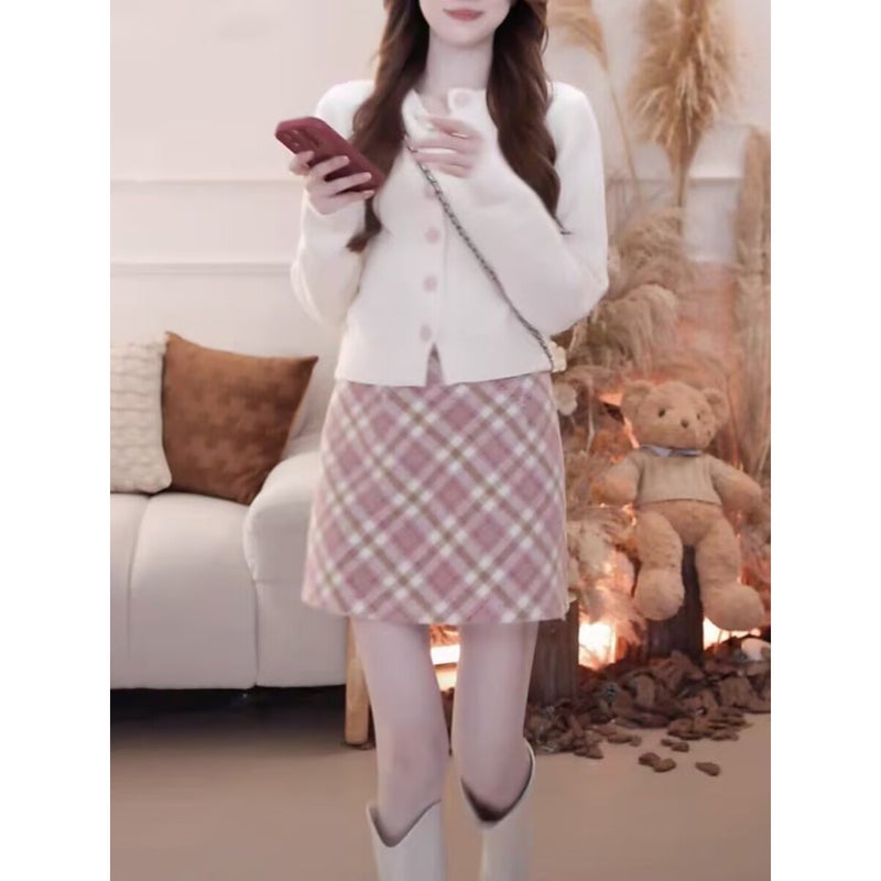 Plus size chubby mm pink plaid woolen pencil skirt women's autumn and winter new high waist slimming plaid a-line long skirt - Image 3