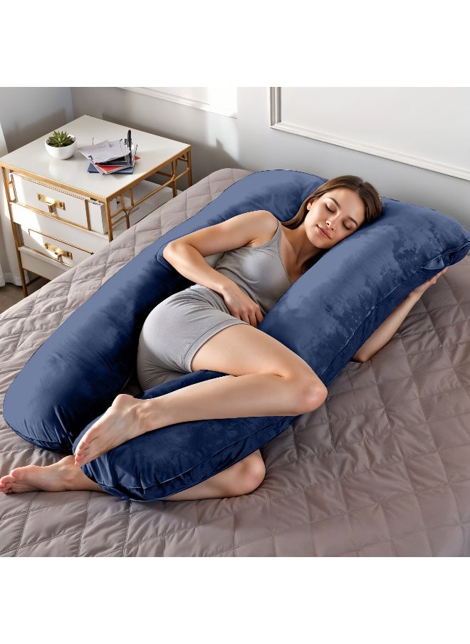 Rest Premium Velvet U Shaped Pregnancy Pillow 70X140Cm Maternity Full Body Pillow For Pregnant Women For Back , Hip , Neck And Knee Support With Removal Cover , Blue  - Image 1