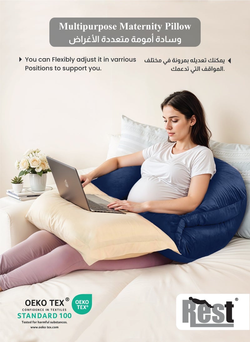 Rest Premium Velvet U Shaped Pregnancy Pillow  70x140cm  Maternity Full Body Pillow For Pregnant Women for Back , Hip , Neck and Knee Support with Removal Cover , Blue - Image 4