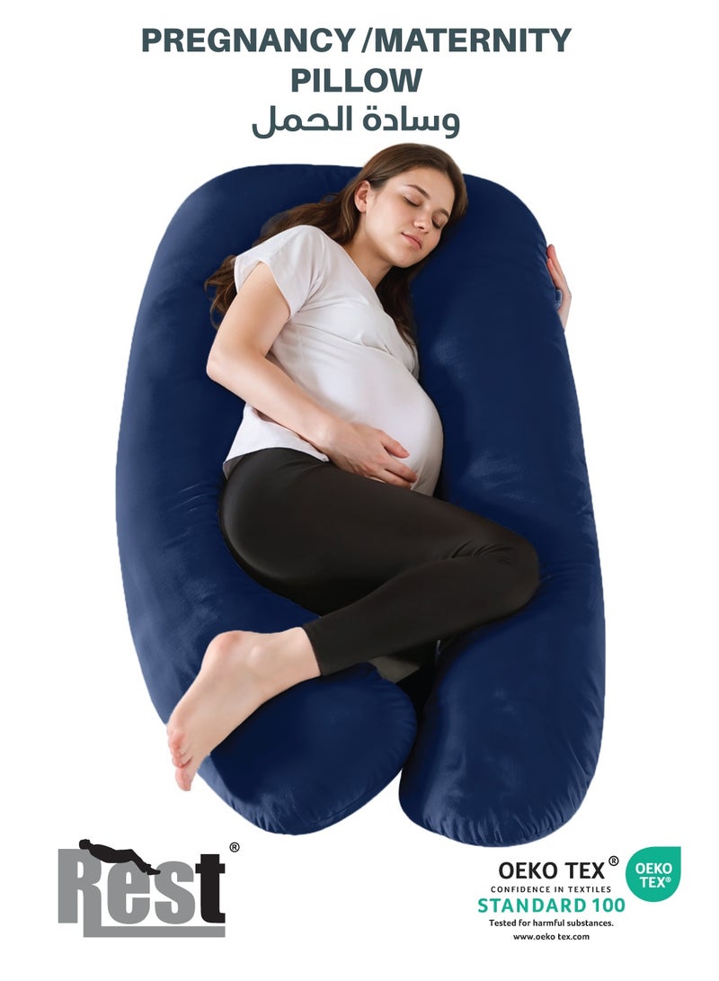 Rest Premium Velvet U Shaped Pregnancy Pillow  70x140cm  Maternity Full Body Pillow For Pregnant Women for Back , Hip , Neck and Knee Support with Removal Cover , Blue - Image 1