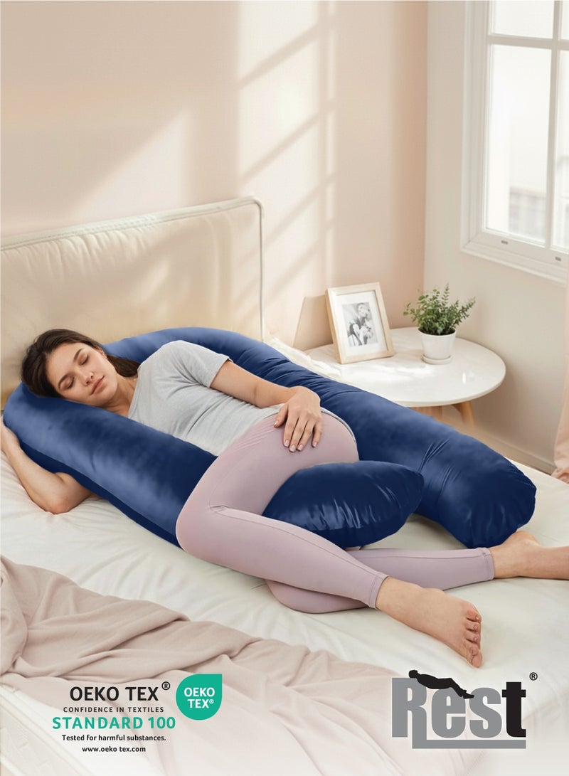 Rest Premium Velvet U Shaped Pregnancy Pillow  70x140cm  Maternity Full Body Pillow For Pregnant Women for Back , Hip , Neck and Knee Support with Removal Cover , Blue - Image 2