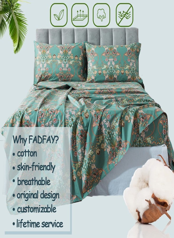 FADFAY King Size Sheets Shabby Floral Vintage Bed Sheet Set Percale Cotton Chic Teal Blue Orange American Country Style Bedding Luxury Super Soft Breathable Crisp Bed Deep Pocket Fitted Sheet 4 Pcs - Image 2