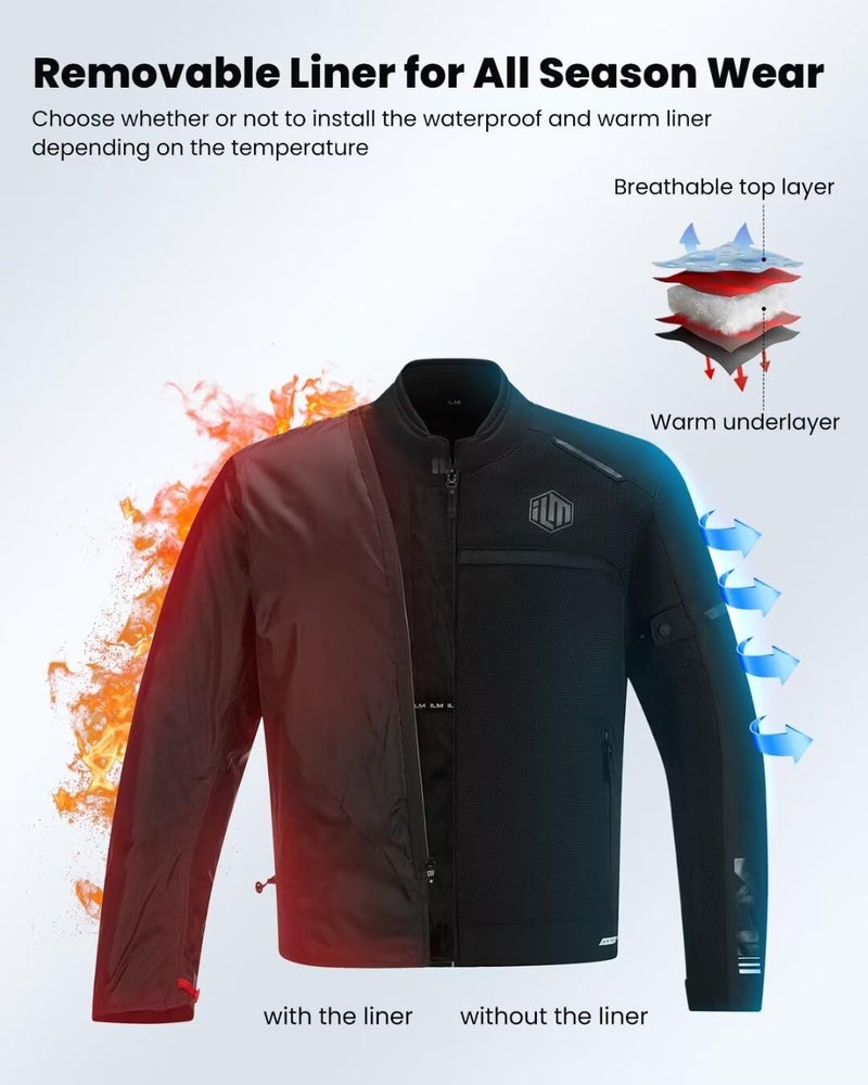 ILM Motorcycle Riding Jacket with Mesh CE Armor and Detachable Thermal Liner Dual Sport All Season for Men Model JAM1(Black, X-Large) - Image 4