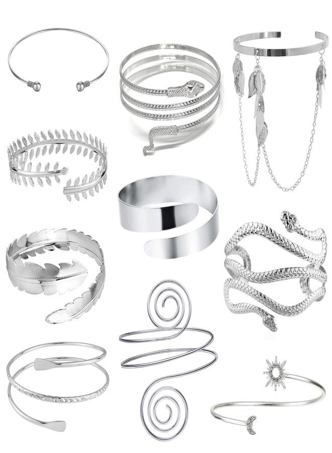 EIELO 10Pcs Arm Cuff Bracelets for Women Upper Arm Bands Snake Feather Armband Greek Goddess Filigree Swirl Boho Armlet Cuff Bangle Adjustable Silvery Arm Bracelet Set - Image 1