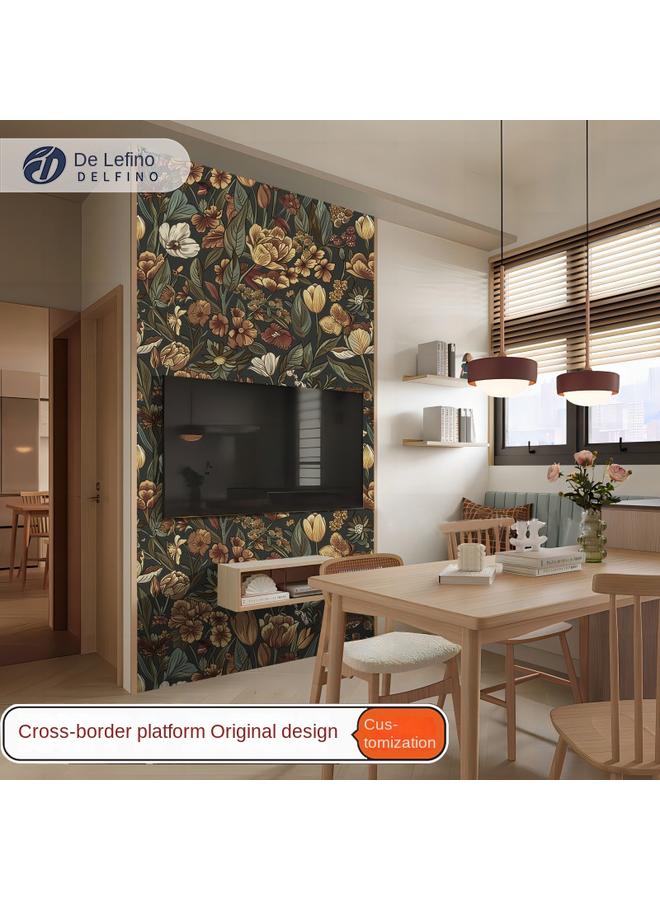 Retro Plant Flower Wallpaper TV Background Wall High-end Furniture Stickers Refurb Stickers Thickened Wallpaper - Image 2