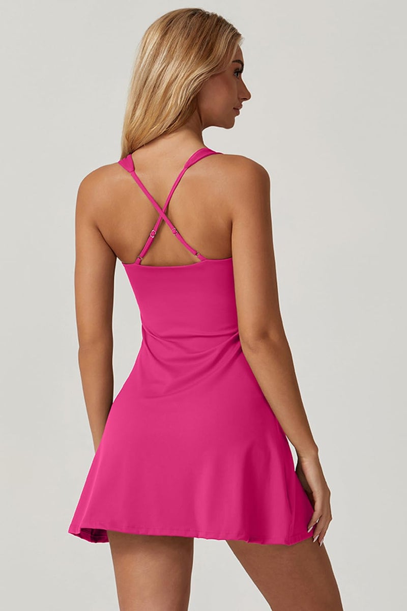 QINSEN Womens Square Neck Tennis Dress Sleeveless Built in Shorts Golf Athletic Dress with Pockets Rosy M - Image 2