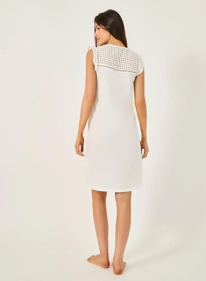 Styli Shiffli Yoke Flat Pompom Trim Detail Nightdress