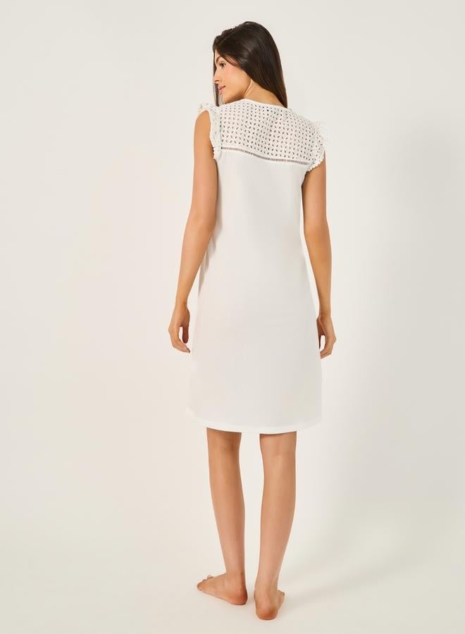 Styli Shiffli Yoke Flat Pompom Trim Detail Nightdress  - Image 4