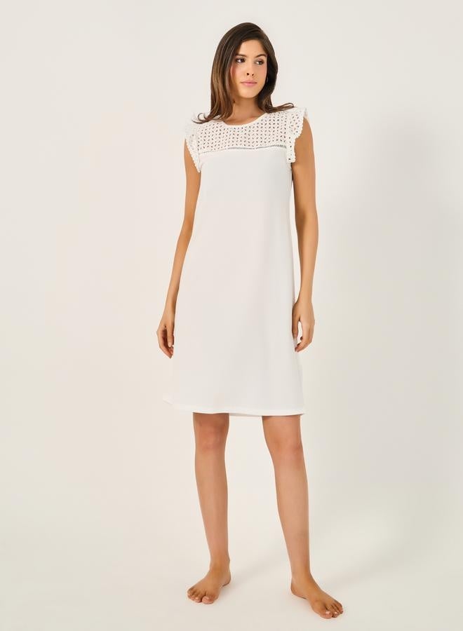 Styli Shiffli Yoke Flat Pompom Trim Detail Nightdress  - Image 2