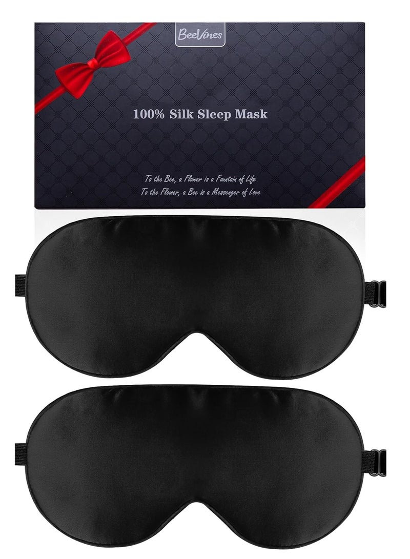 BeeVines Silk sleep mask 2 pack mulberry silk eye mask with adjustable strap sleeping aid blindfold for nap beeVines eye sleep shade cover 100% blocks light reduces puffy eyes Gifts black - Image 1