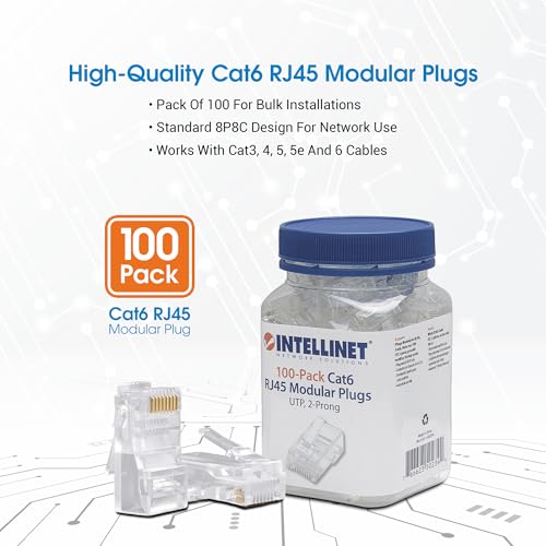 Intellinet Cat6 RJ45 Connector Ends Set Modular Plugs 100 pcs - Stranded Wire Two Prong Terminals & Gold Plated Contacts - UTP Ethernet Cable Wire Applications Improving Network Signal Performance - Image 2