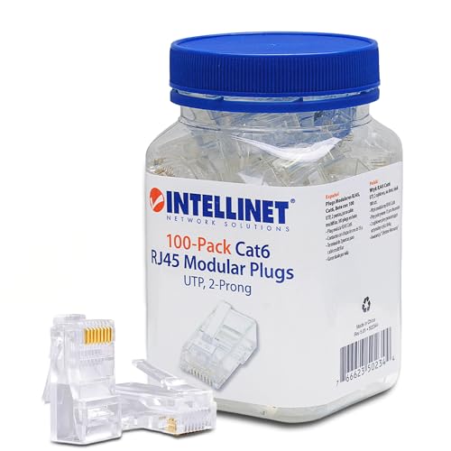 Intellinet Cat6 RJ45 Connector Ends Set Modular Plugs 100 pcs - Stranded Wire Two Prong Terminals & Gold Plated Contacts - UTP Ethernet Cable Wire Applications Improving Network Signal Performance - Image 1