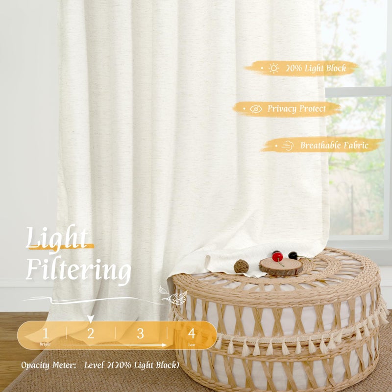 LAMIT Faux Linen Curtains 63 inches Long for Bedroom, Ivory Rod Pocket Linen Drapes Light Filtering Semi Sheer Privacy Curtains for Small Window/Farmhouse, 2 Panels (52 x 63 Inch, Natural) - Image 4