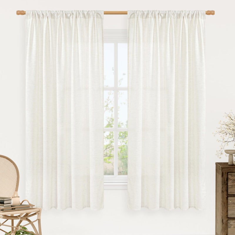 LAMIT Faux Linen Curtains 63 inches Long for Bedroom, Ivory Rod Pocket Linen Drapes Light Filtering Semi Sheer Privacy Curtains for Small Window/Farmhouse, 2 Panels (52 x 63 Inch, Natural) - Image 1