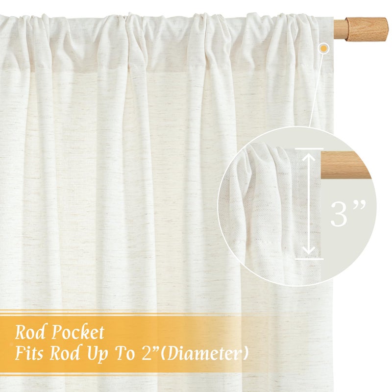 LAMIT Faux Linen Curtains 63 inches Long for Bedroom, Ivory Rod Pocket Linen Drapes Light Filtering Semi Sheer Privacy Curtains for Small Window/Farmhouse, 2 Panels (52 x 63 Inch, Natural) - Image 3