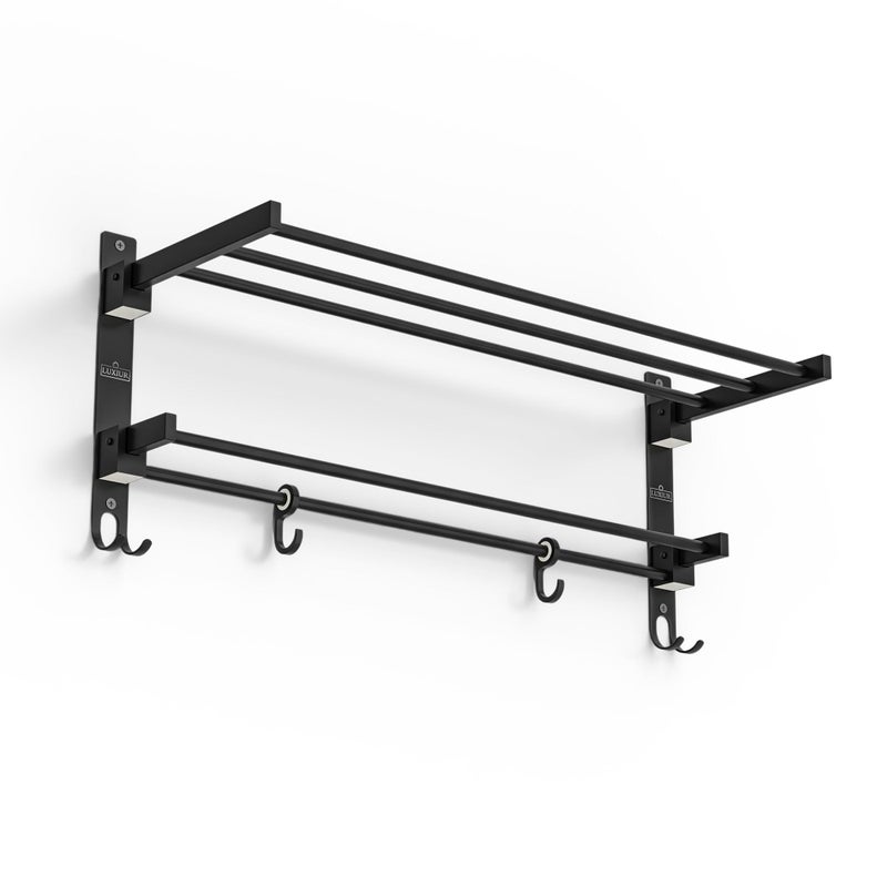 LUXIUR Towel Rack for Bathroom, Shelf for Wall with Towel Hooks, Towel Rack, Kitchen Accessories Items Wall Mounted for Heavy-Duty Elegance and Organized Bathrooms (Black, 24 Inch) - Image 4