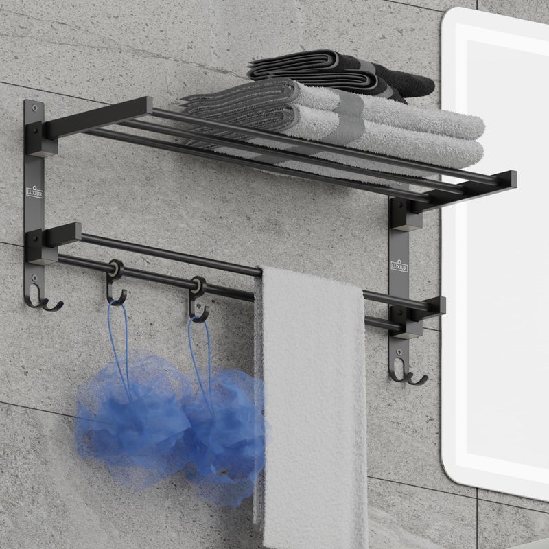 LUXIUR Towel Rack for Bathroom, Shelf for Wall with Towel Hooks, Towel Rack, Kitchen Accessories Items Wall Mounted for Heavy-Duty Elegance and Organized Bathrooms (Black, 24 Inch) - Image 1