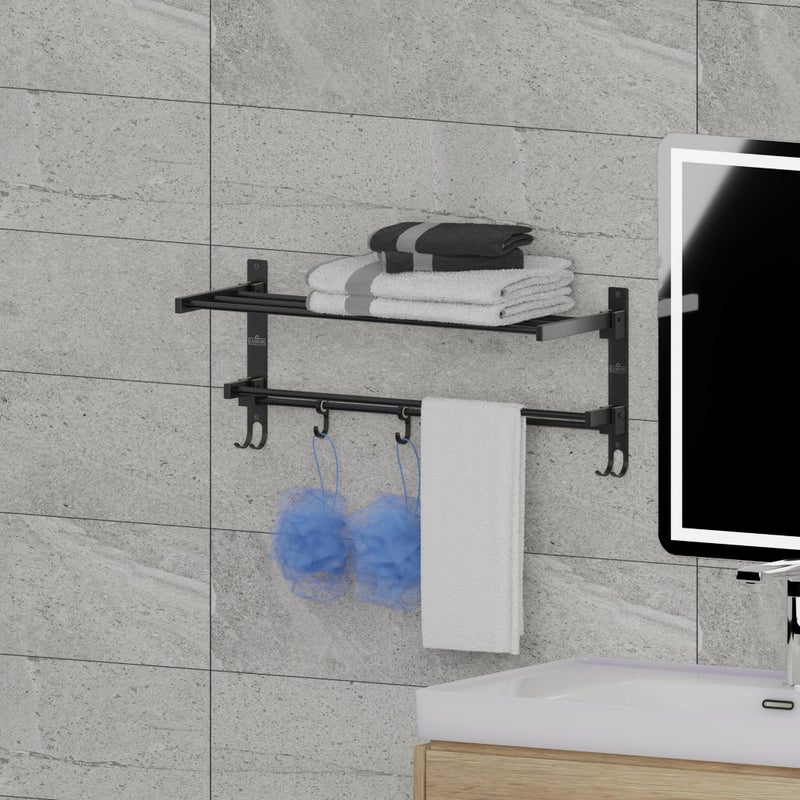 LUXIUR Towel Rack for Bathroom, Shelf for Wall with Towel Hooks, Towel Rack, Kitchen Accessories Items Wall Mounted for Heavy-Duty Elegance and Organized Bathrooms (Black, 24 Inch) - Image 2