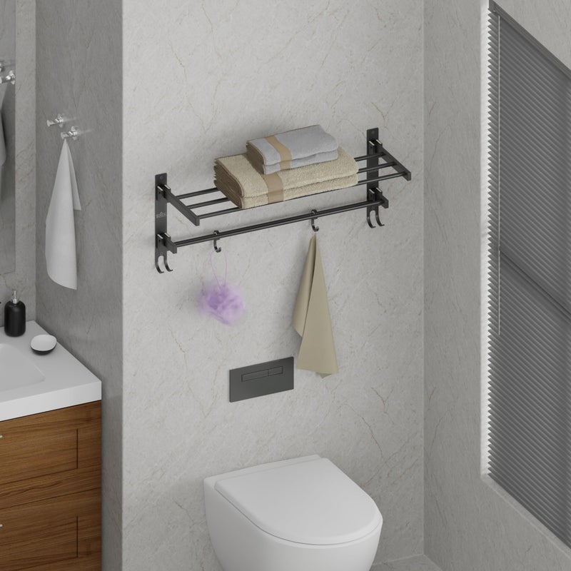 LUXIUR Towel Rack for Bathroom, Shelf for Wall with Towel Hooks, Towel Rack, Kitchen Accessories Items Wall Mounted for Heavy-Duty Elegance and Organized Bathrooms (Black, 24 Inch) - Image 3