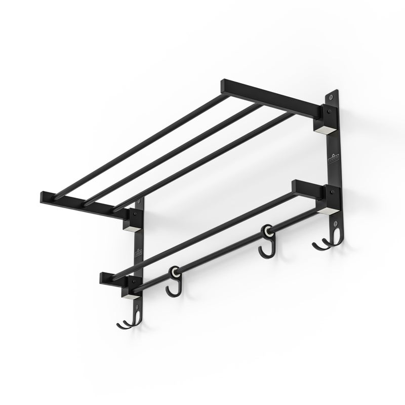 LUXIUR Towel Rack for Bathroom, Shelf for Wall with Towel Hooks, Towel Rack, Kitchen Accessories Items Wall Mounted for Heavy-Duty Elegance and Organized Bathrooms (Black, 24 Inch) - Image 5