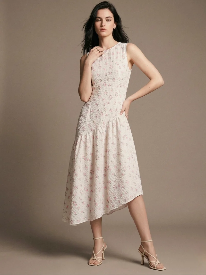 OUTZIDR  Off White Sleeveless Asymmetrical Midi Dress for Women | Best Price UAE