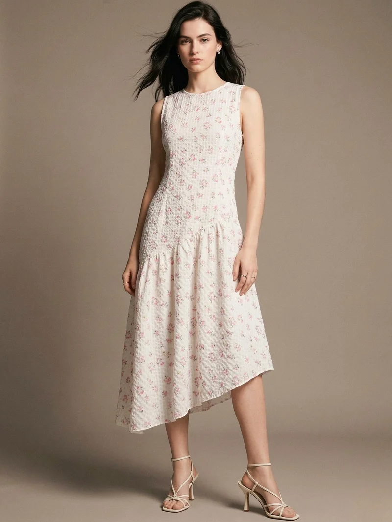 Off White Sleeveless Asymmetrical Midi Dress